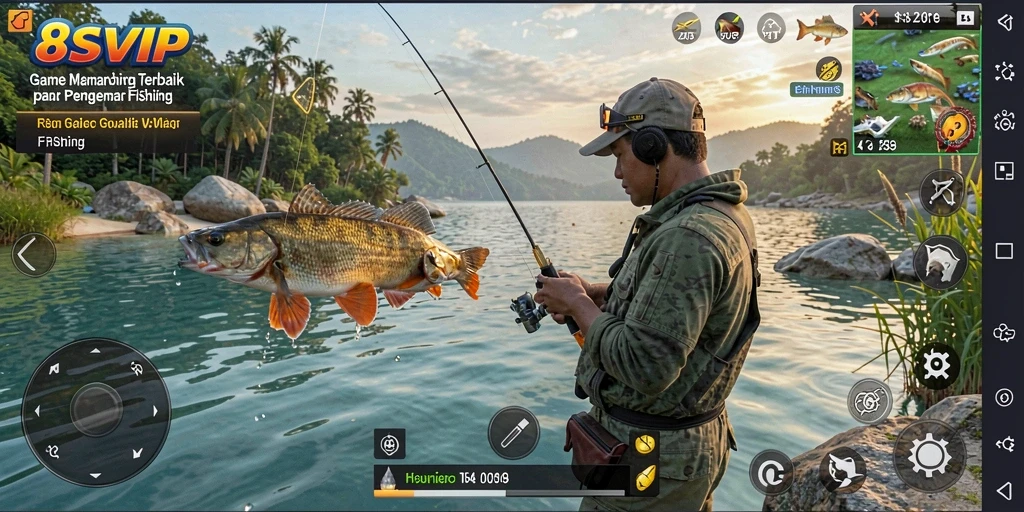 Tangkapan besar di 8SVIP saat memancing di danau yang indah.