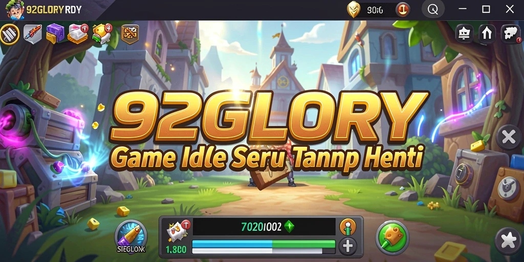 Screenshot gameplay 92GLORY yang menampilkan kemajuan dan karakter unik.