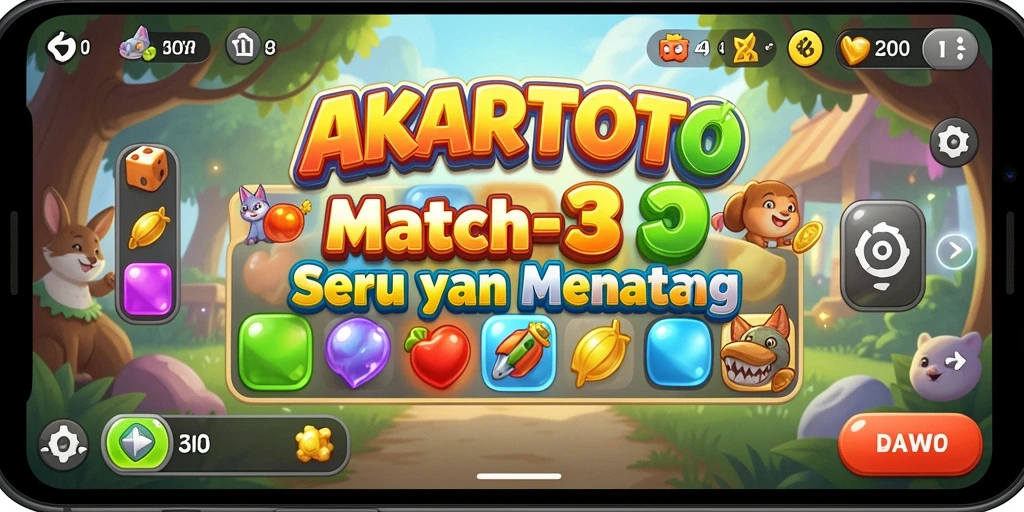 Tangkapan layar AKARTOTO menampilkan gameplay seru dengan permata berwarna-warni.