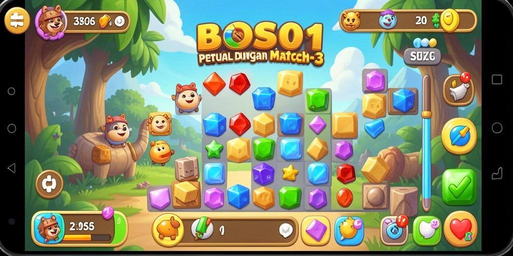 Tangkapan layar permainan BOS01 yang menampilkan gameplay Match-3 yang menawan.