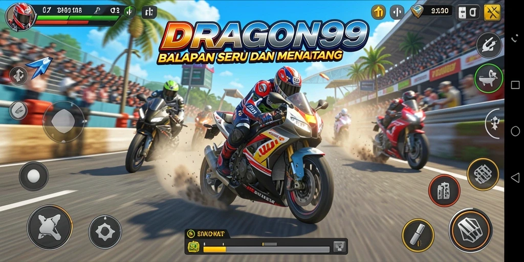 Screenshot gameplay seru dari DRAGON99, menampilkan aksi balapan motor.