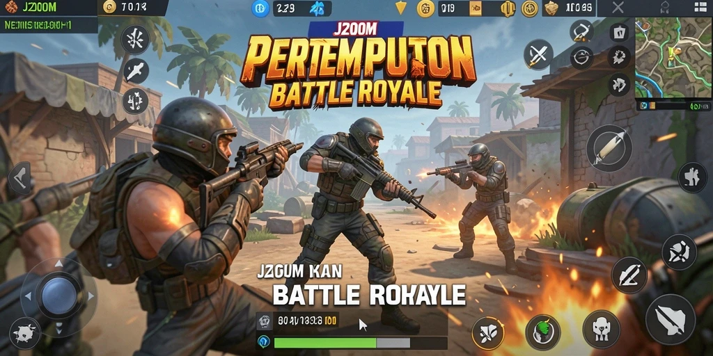 Screenshot gameplay J200M dengan aksi pertempuran Battle Royale yang intens.