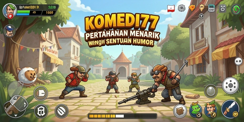 Tampilan gameplay KOMEDI77 dengan karakter lucu dalam pertahanan yang konyol.