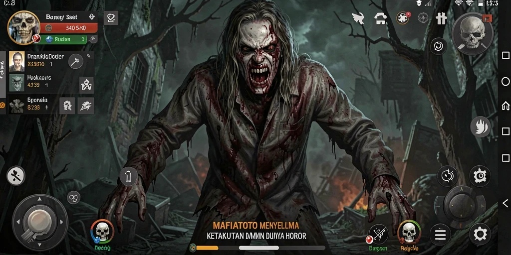 Screenshot gameplay MAFIATOTO menampilkan karakter utama yang menjelajah lingkungan yang gelap dan menyeramkan.