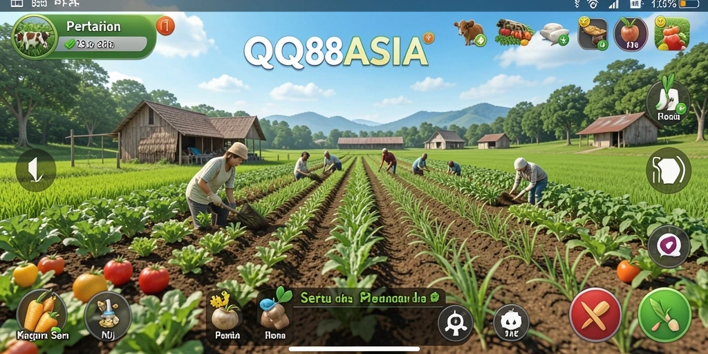 Screenshot permainan QQ88ASIA yang menunjukkan aktivitas bercocok tanam.