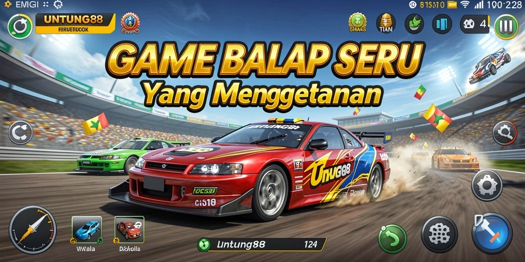 Screenshot UNTUNG88 menampilkan balapan seru dengan kendaraan cepat di lintasan.